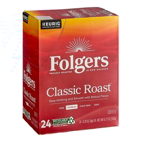 A box of Folgers Classic Roast Coffee Single Serve Keurig K-Cup Pods.