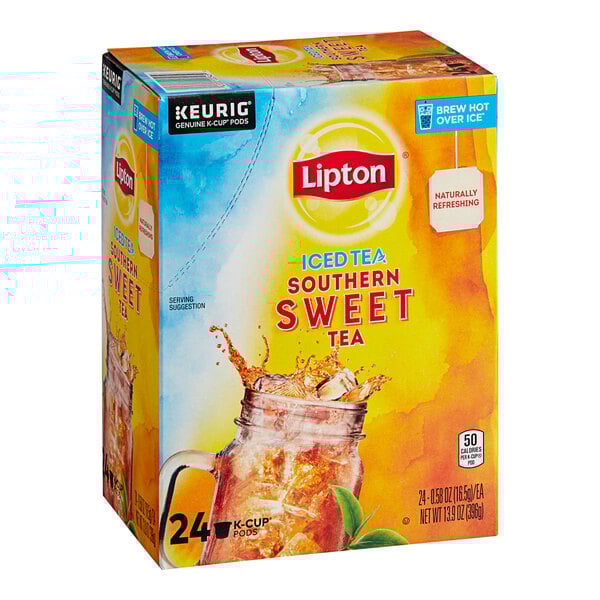 A box of Lipton Southern Sweet Iced Tea K-Cup Pods with a picture of a jar of iced tea.
