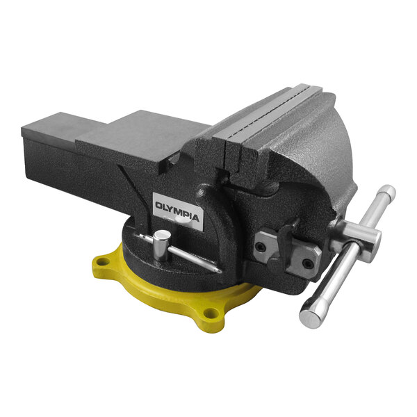 A black and yellow Olympia Tools bench vise with a yellow handle.
