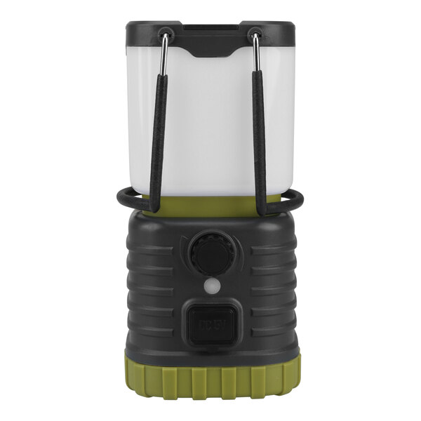 An Olympia Tools cordless camp lantern with a green and black design.