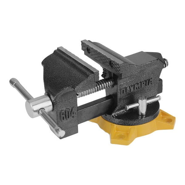 An Olympia Tools black and yellow bench vise with a yellow handle.