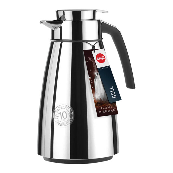 A silver EMSA Bell coffee carafe with a label on it.