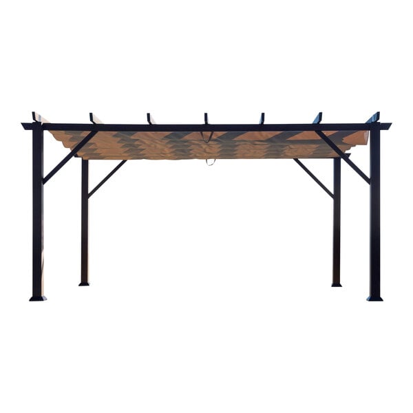 An espresso aluminum pergola with a mocha retractable canopy.