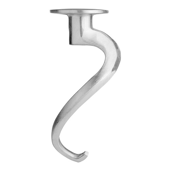 A silver curved metal dough hook.