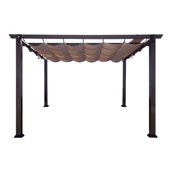 An espresso brown Paragon Outdoor aluminum pergola with a mocha retractable canopy.