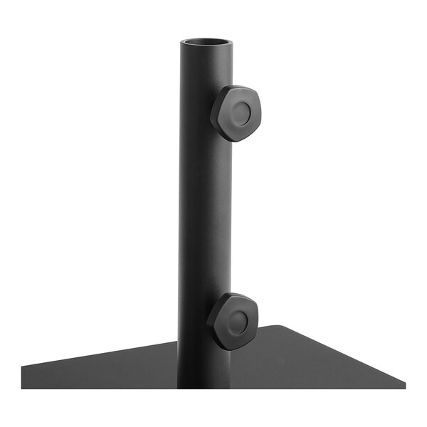 A black steel cylinder with wheels for a Lancaster Table & Seating umbrella base.