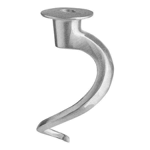 A MainStreet Equipment metal dough hook with a round hole and a curved shape.