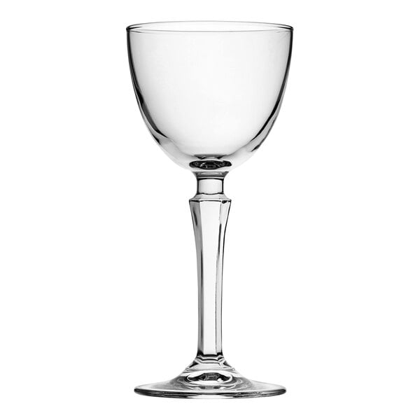 A clear glass with a long leg.