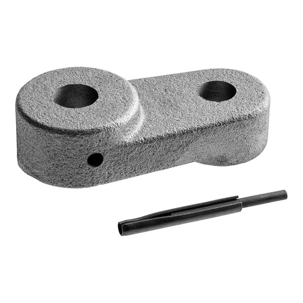 A grey metal crank lever with a black tip and holes.