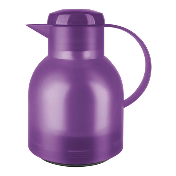 A transparent lavender polypropylene carafe with a handle.