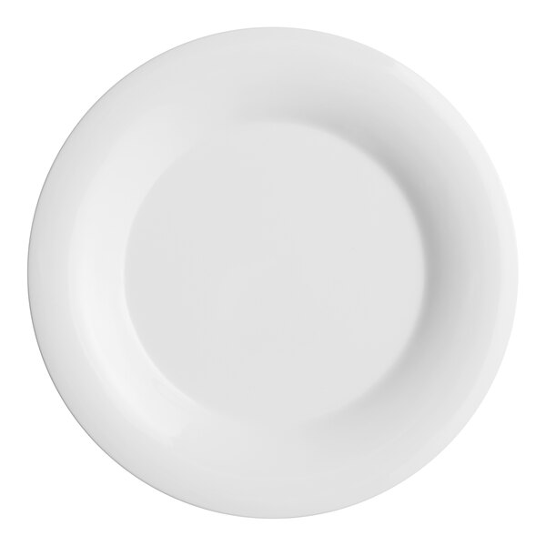 A close-up of an Acopa Foundations white melamine plate with a white rim.