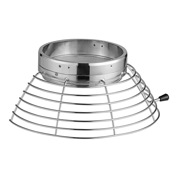 A silver metal safety guard with a black handle and stainless steel wire mesh.