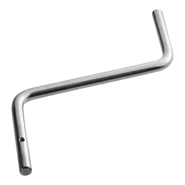 A silver metal wrench with a square hole and a handle on the end.
