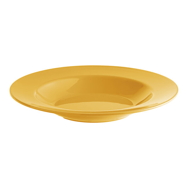 A yellow bowl with a wide rim on a white background.
