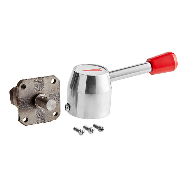 A metal MainStreet Equipment speed handle with a red and silver knob and screws.