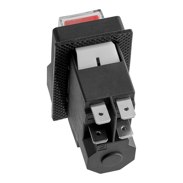 A close-up of a black MainStreet Equipment on/off switch with a red button.