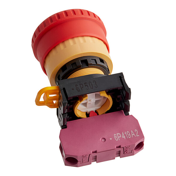 A red and yellow plastic off switch with red and yellow handles for a MainStreet CMIX30 mixer.