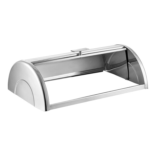 A silver metal Choice Deluxe rectangular chafer cover with chrome trim.