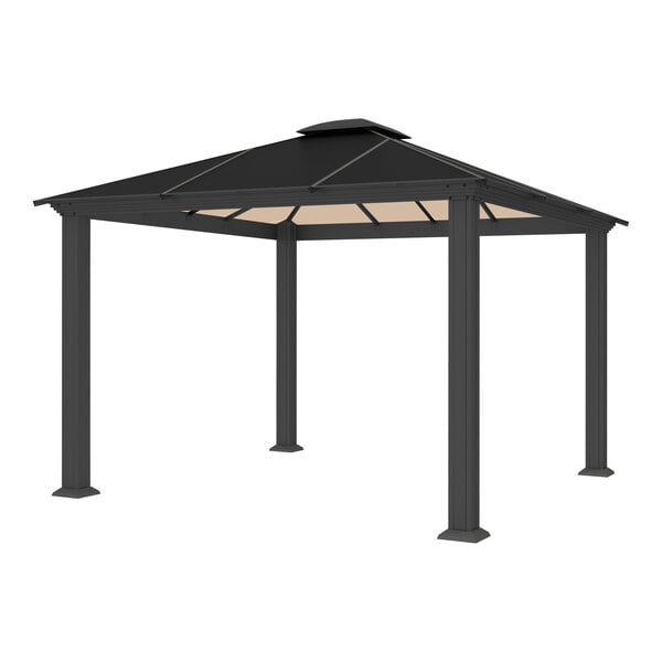 A black metal Paragon Outdoor gazebo with a black roof and tan sides.