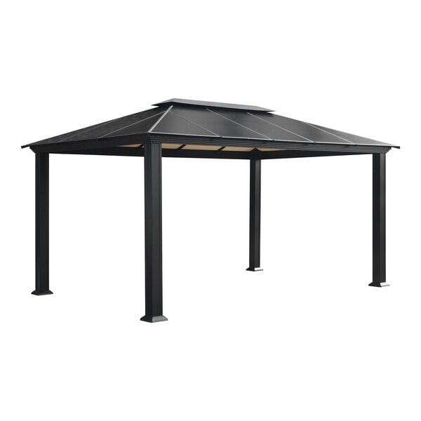 A black metal Paragon Outdoor Santa Monica gazebo with a metal roof.