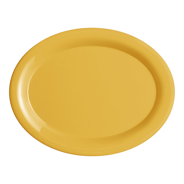 A yellow Acopa Foundations melamine platter with a wide rim.