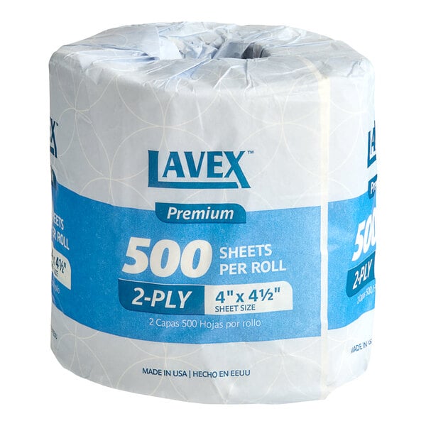 A Lavex Premium individually wrapped toilet paper roll.