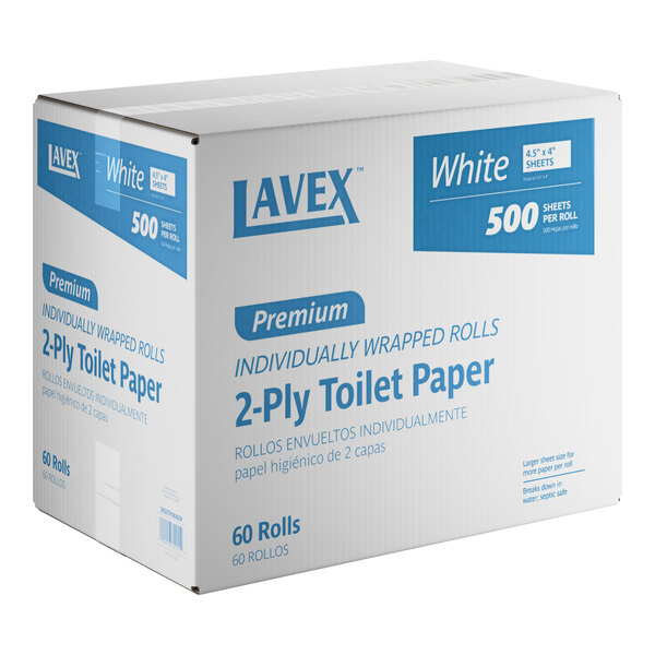 A white box of Lavex Premium 2-ply toilet paper rolls with blue text.
