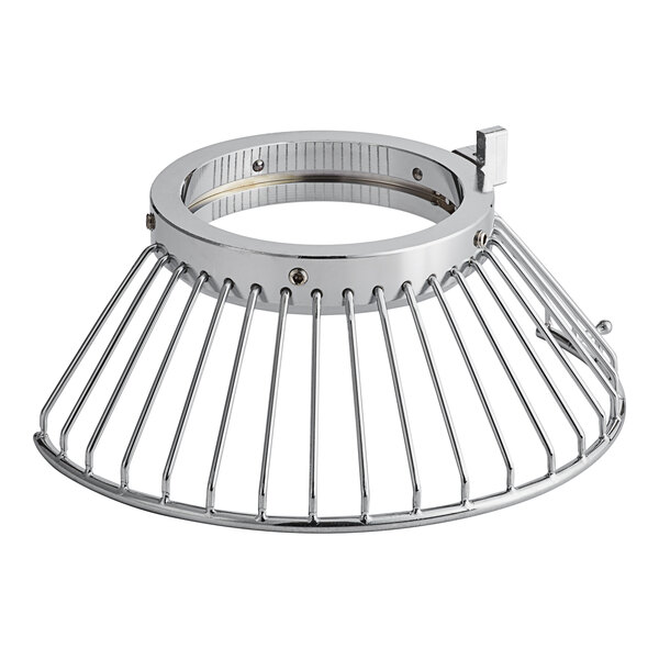 A metal safety guard with a circular metal ring and a wire handle.