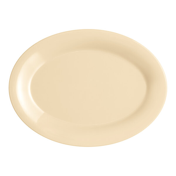 A tan oval melamine platter with a wide rim.