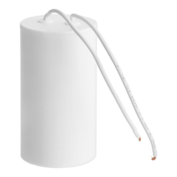 A white cylindrical running capacitor with wires.