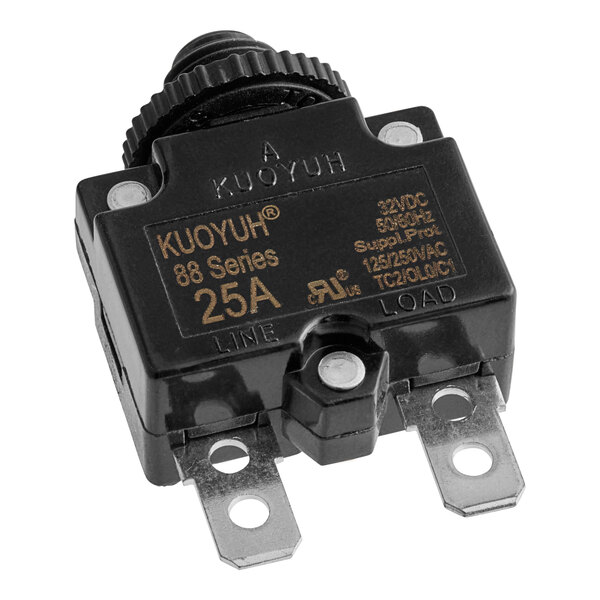 A close-up of a MainStreet Equipment overload switch with a black knob on a metal piece with a white background.