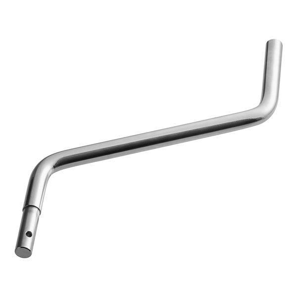 A silver metal bent arm with a hole in the end.
