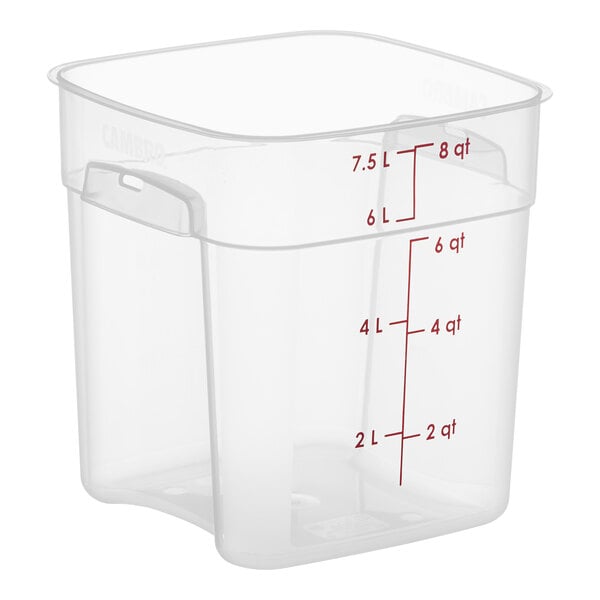 A translucent plastic container with red measurements.