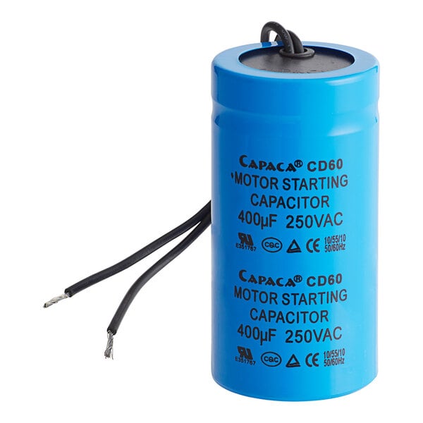 A blue MainStreet Equipment start capacitor with black text.