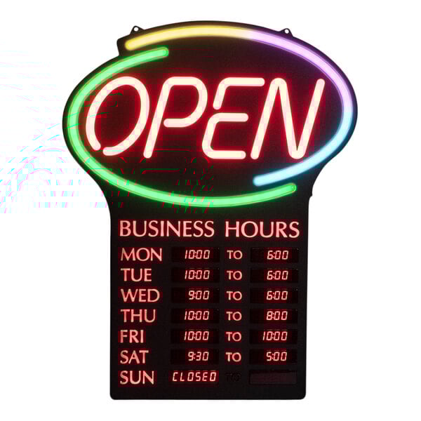 A white LED sign that says "Open Business Hours" in blue letters.