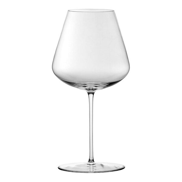 A close-up of a Nude Stem Zero Vertigo red wine glass with a clear stem.