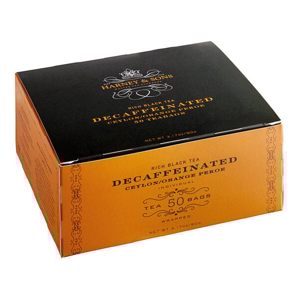 A box of Harney & Sons Decaf Ceylon Tea on a white background.