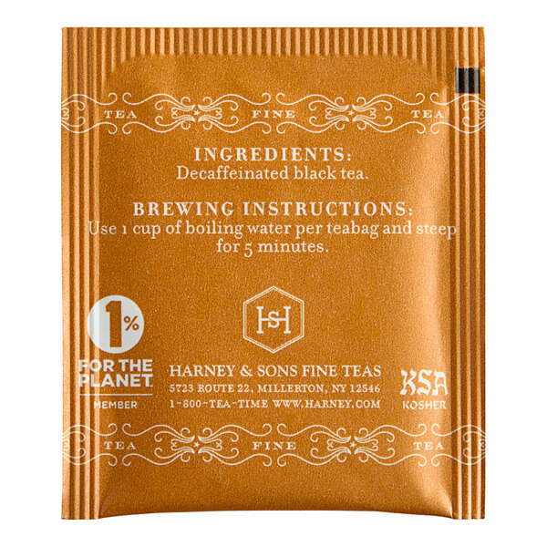 A box of Harney & Sons Decaf Ceylon Tea Bags with white text on packet.