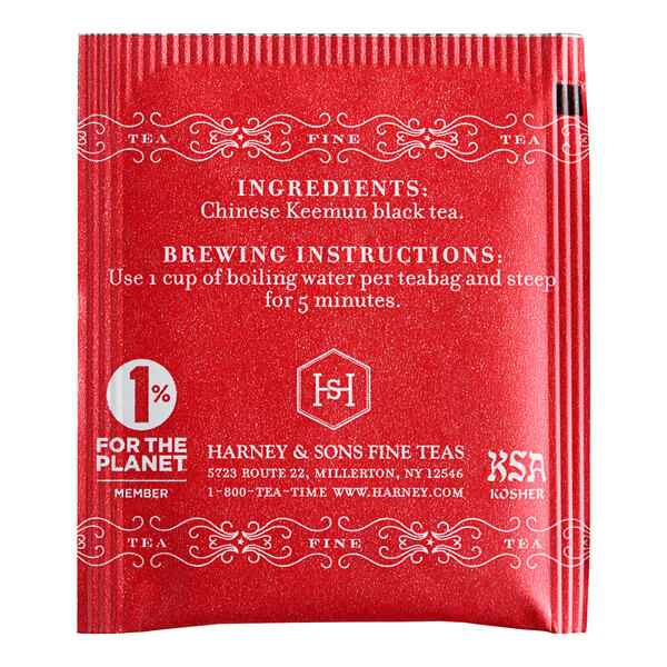 A red box of Harney & Sons English Breakfast Tea Bags with white text.