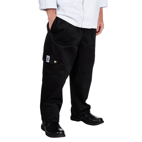 A person wearing Chef Revival black cargo pants and a white shirt.