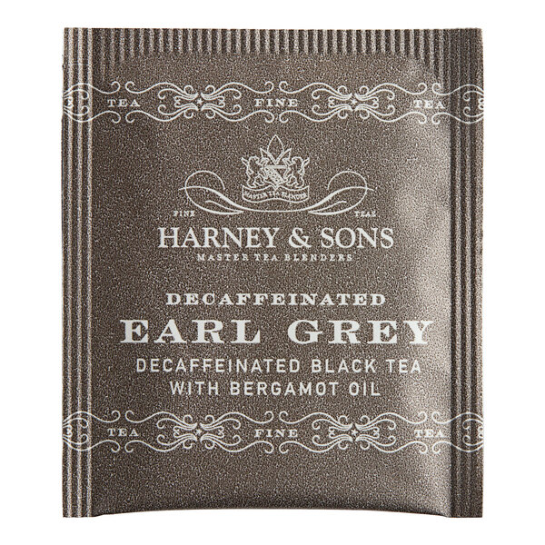 A box of Harney & Sons Decaffeinated Earl Grey Tea Bags with white text on a white background.