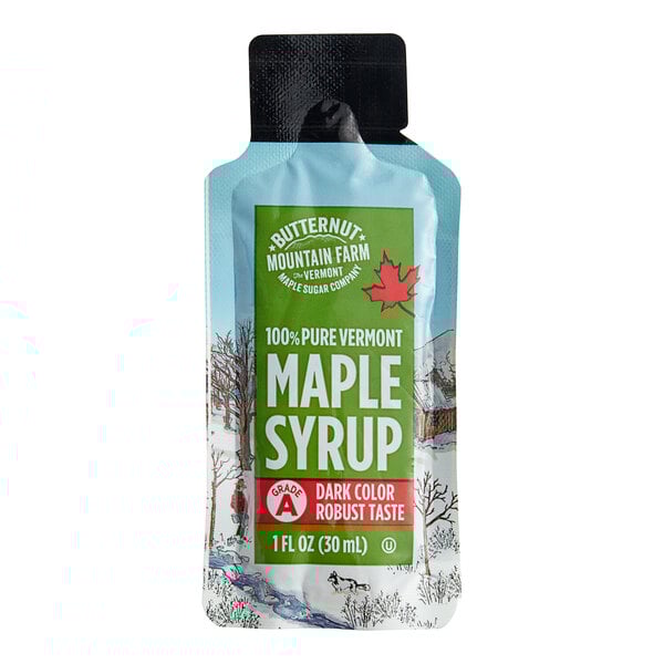 A small Butternut Mountain Farm packet of Grade A Dark Pure Vermont Maple Syrup.