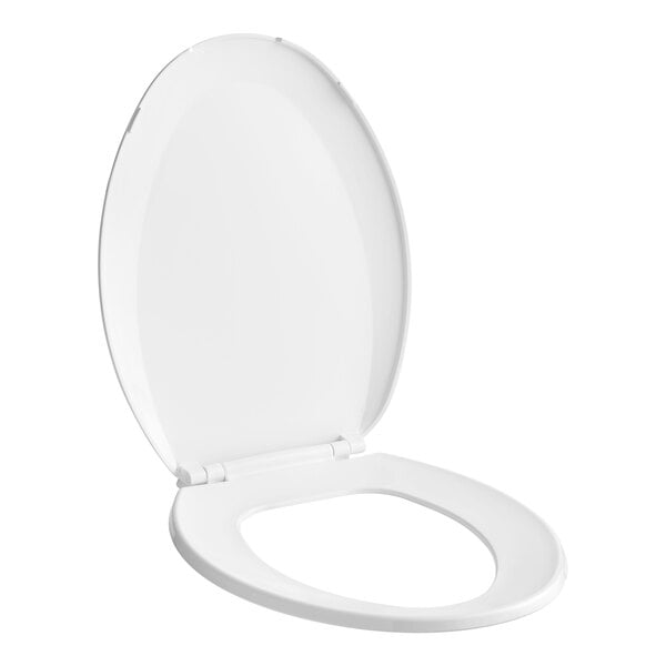 A white Centoco elongated toilet seat with the lid up.