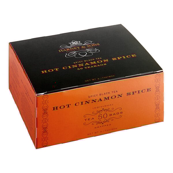 A box of Harney & Sons Hot Cinnamon Spice Tea on a white background.