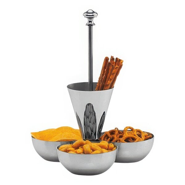 A Hepp by Bauscher stainless steel snack stand with bowls of snacks on a counter.