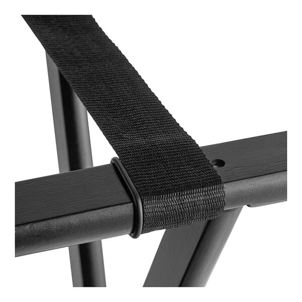 A black strap with a metal buckle on a black metal frame.