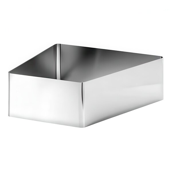A stainless steel square display frame with a lid.