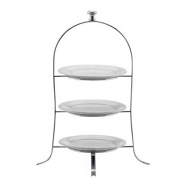 A Hepp by BauscherHepp silver plated stainless steel three tiered multi-purpose display stand with three plates on it.