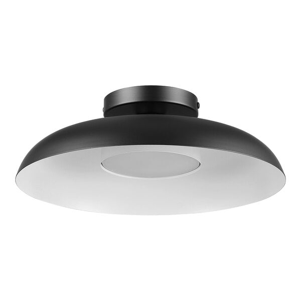 A black and white ceiling light with a white shade and black globe detail.