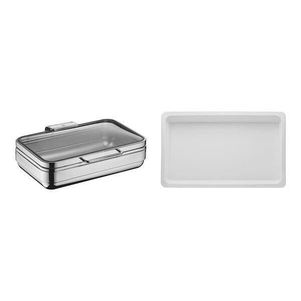 A rectangular stainless steel chafing dish with a lid and white porcelain inserts.